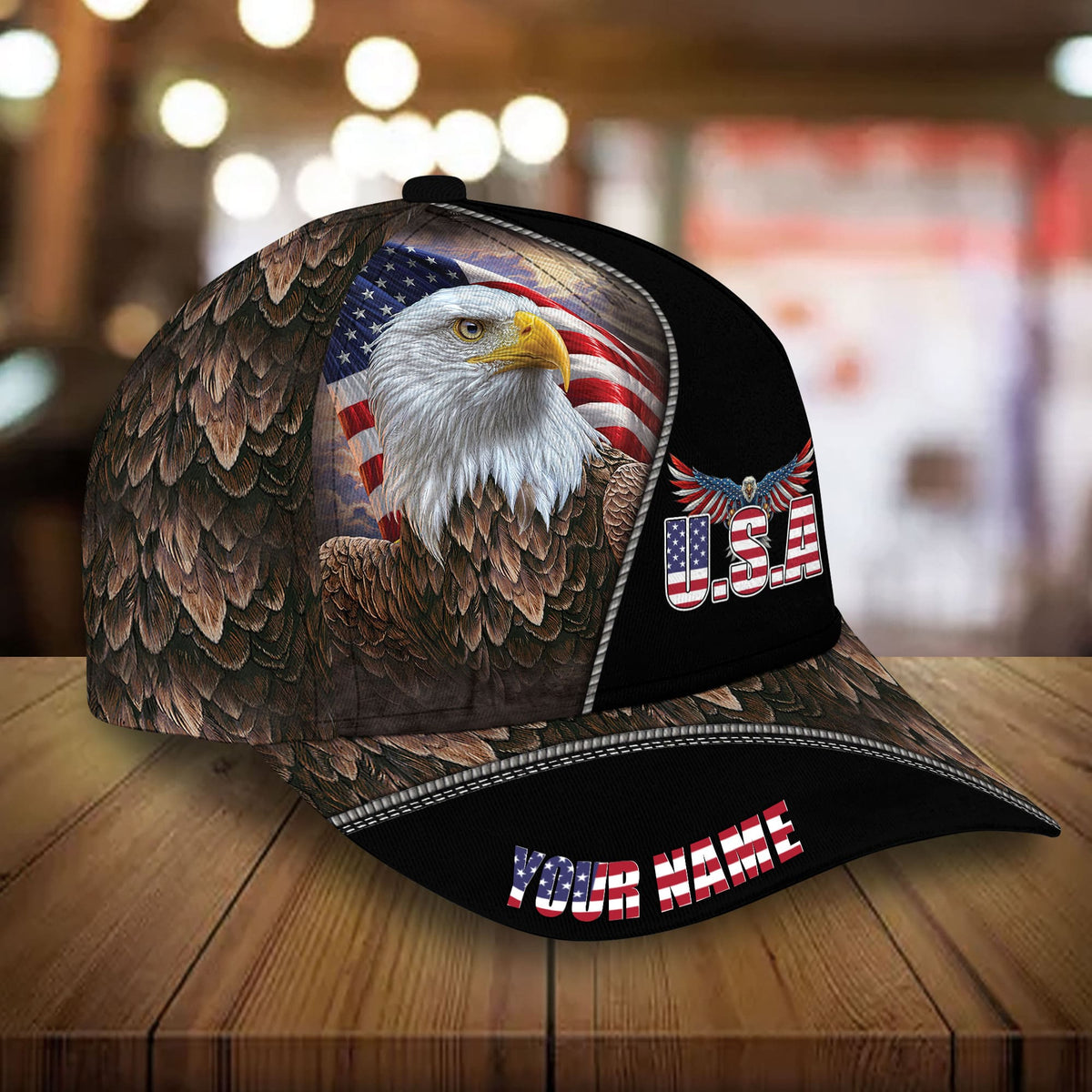 Black-and-brown baseball cap with bald eagle portrait, U.S.A. patch, and flag stripe