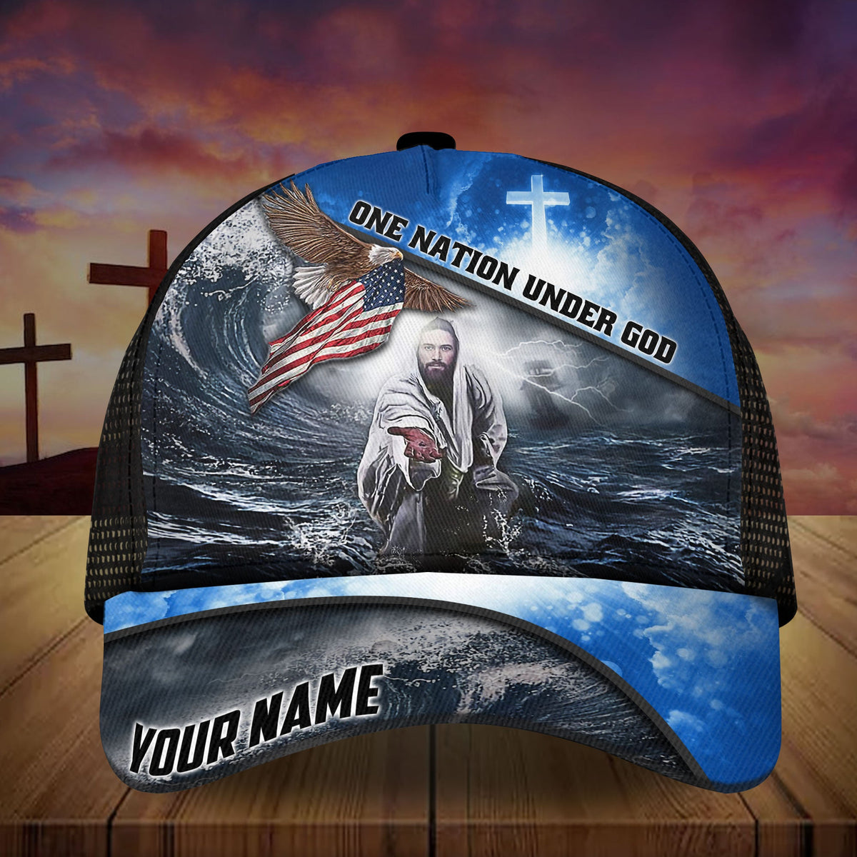 Blue trucker cap with ocean Jesus graphic, cross, and 'Your Name' on front