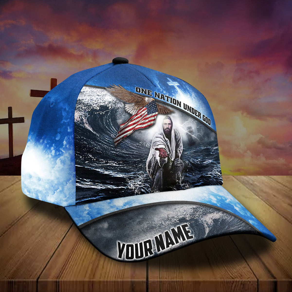 Blue trucker cap with ocean and patriotic graphic; 'Your Name' text on brim