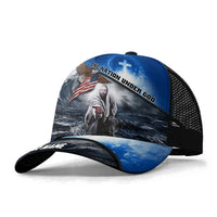 Blue and black trucker cap with ocean scene print and cross emblem