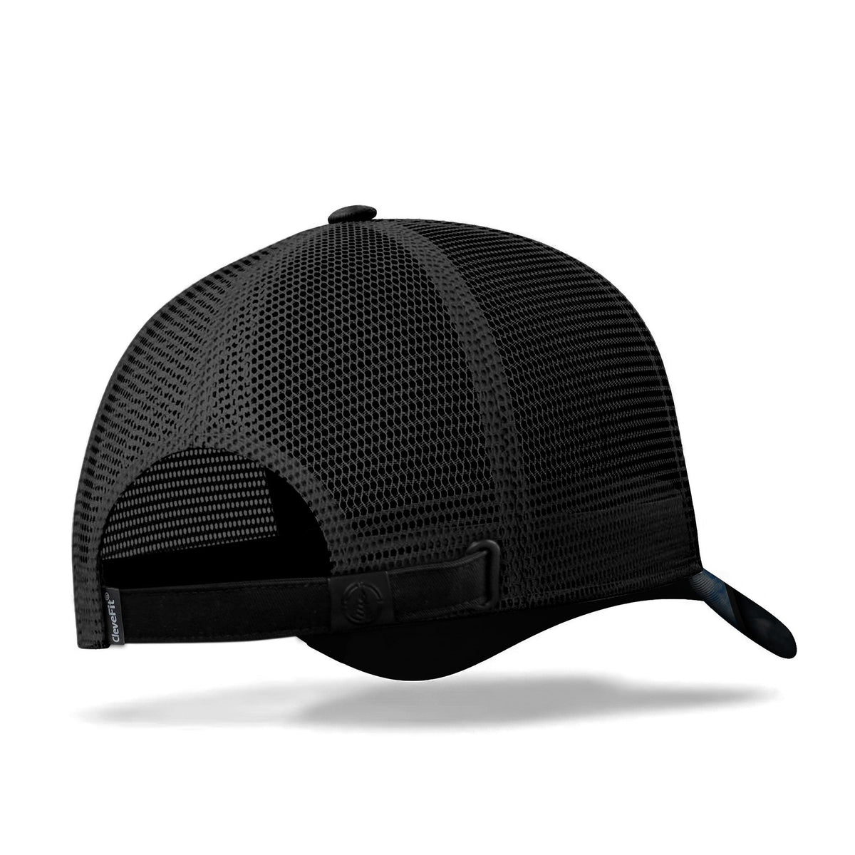 Black mesh trucker cap with curved brim and adjustable strap
