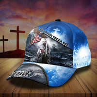 Blue personalized trucker cap with ocean scene, cross, and 'Your Name' print