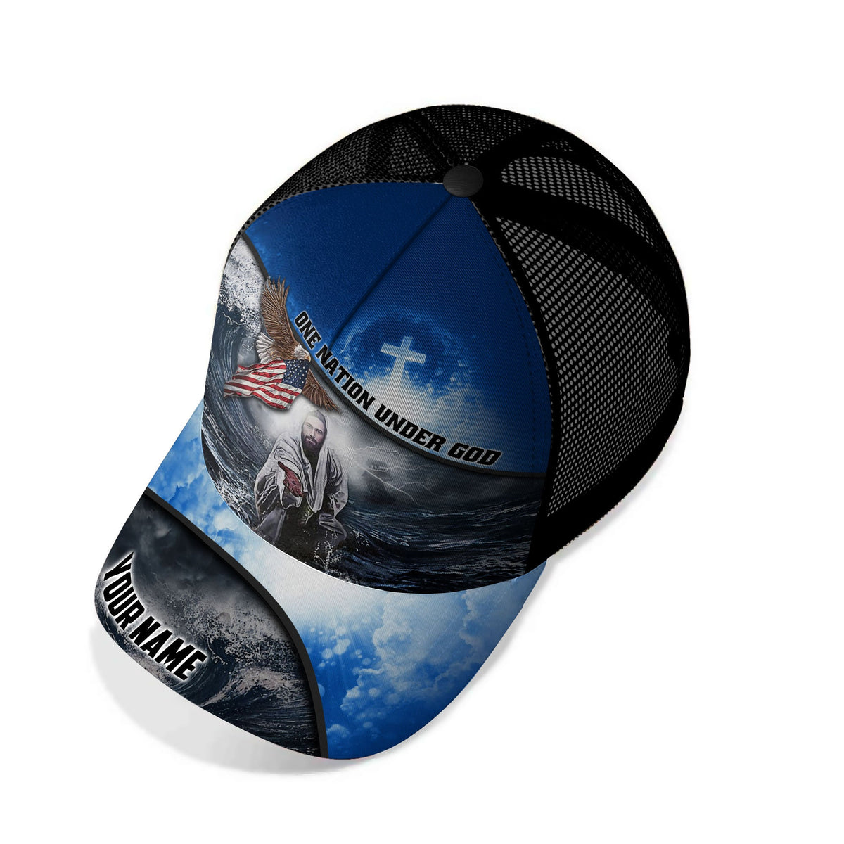 Blue front trucker cap with patriotic ocean graphic; black mesh back