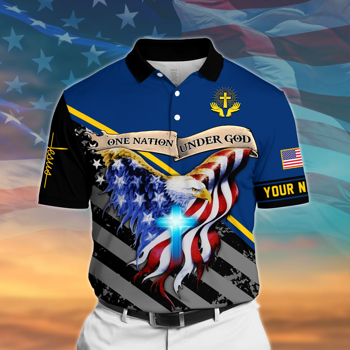 Blue polo shirt with black collar, patriotic eagle graphic, and “YOUR N” text