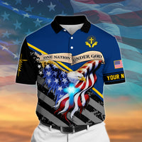 Blue polo shirt with black collar, patriotic eagle graphic, and “YOUR N” text