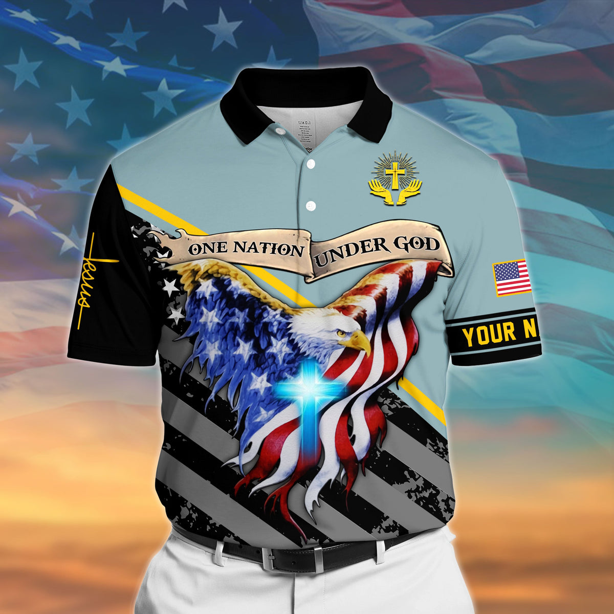Light blue polo shirt with black collar, patriotic eagle graphic, and “YOUR N” text