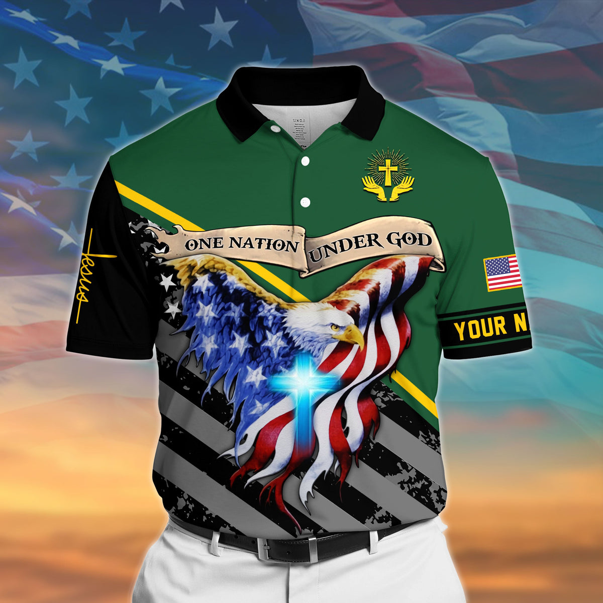 Green polo shirt with black collar, patriotic eagle graphic, and “YOUR N” text