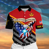 Red polo shirt with black collar, patriotic eagle graphic, and “YOUR N” text