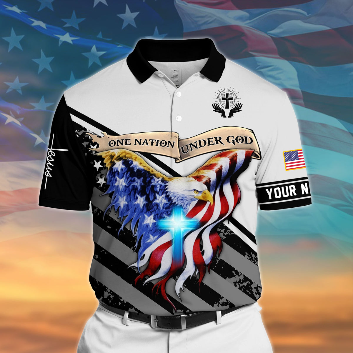White polo shirt with black collar, patriotic eagle graphic, and “YOUR N” text