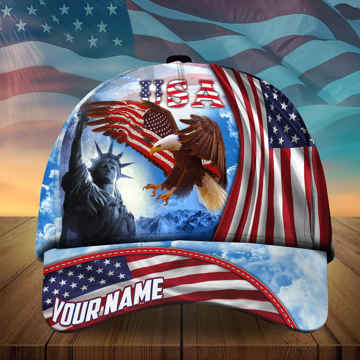Patriotic baseball cap with USA graphic, eagle and flag stripes; 'YOUR NAME' patch