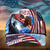 Patriotic baseball cap with USA graphic, eagle and flag stripes; 'YOUR NAME' patch