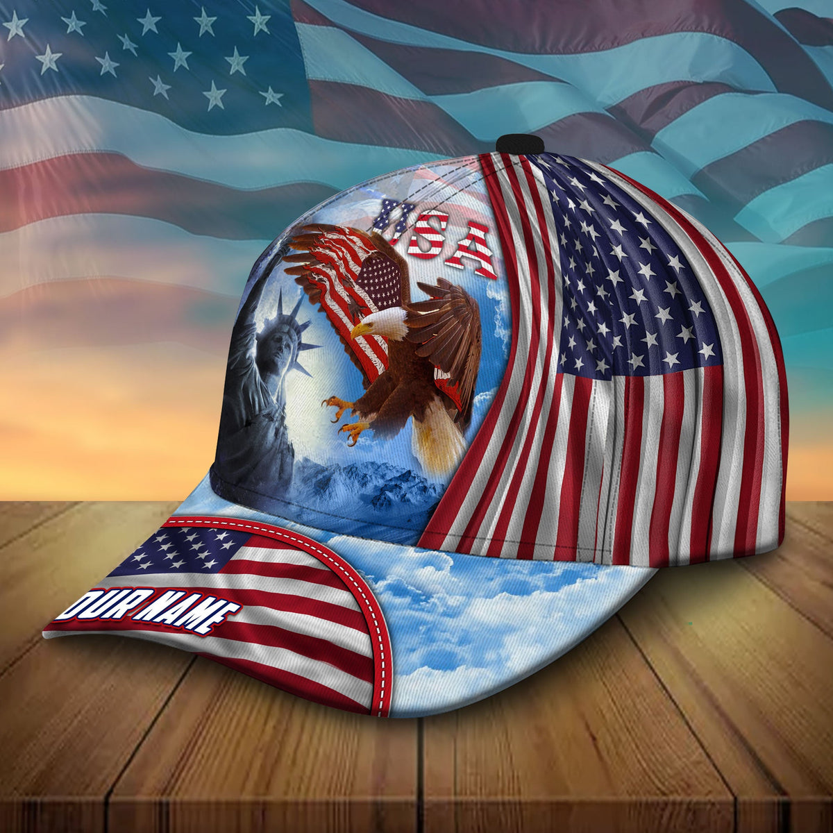 Patriotic baseball cap showing side USA graphic with eagle and stars-and-stripes panel