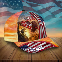 Patriotic baseball cap with USA, eagle, and liberty statue; 'YOUR NAME' front patch