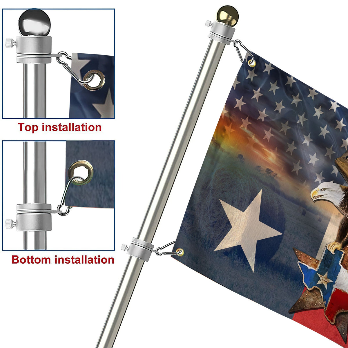 Patriot Texas grommet flag detail showing top and bottom grommet installation hardware