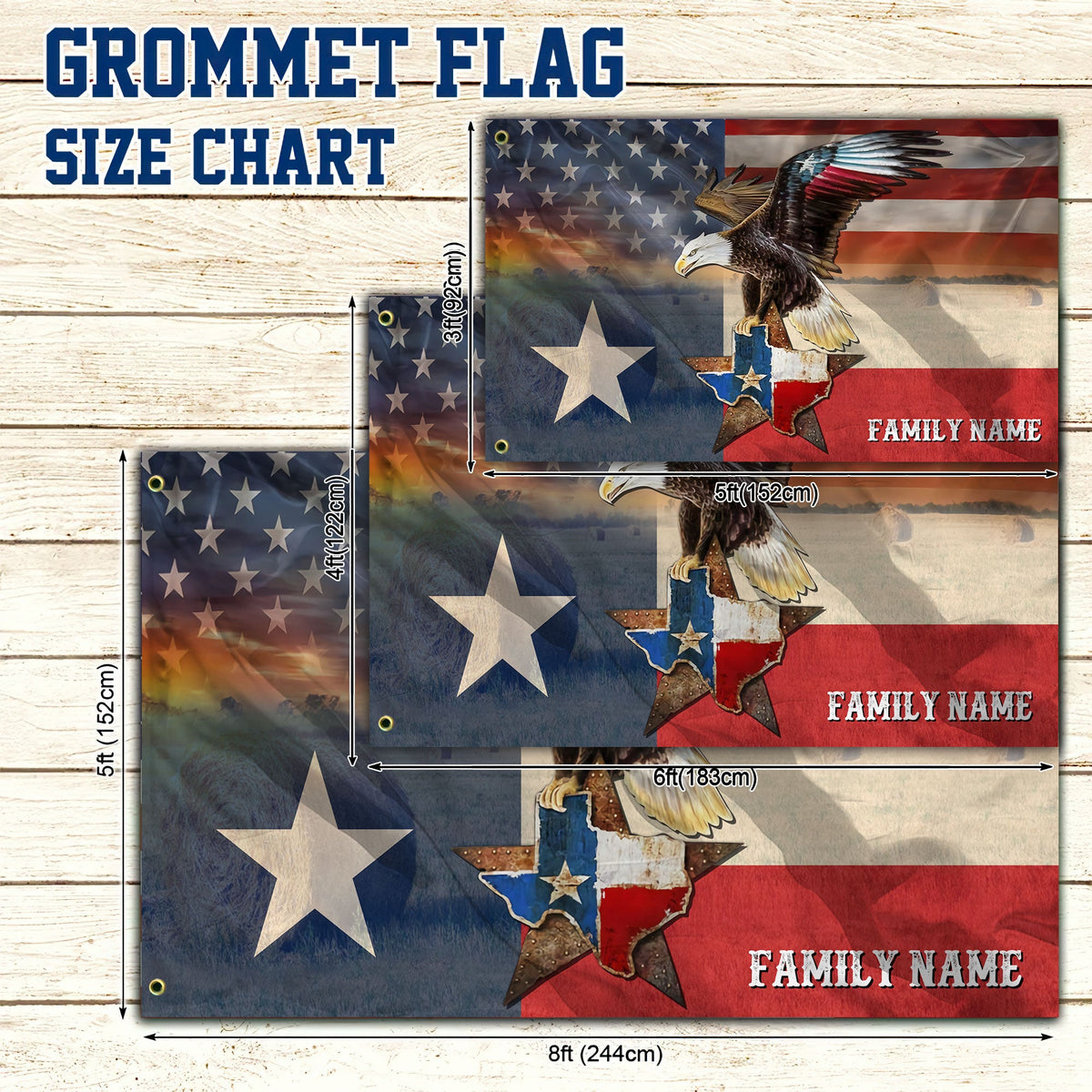 Grommet flag size chart featuring Texas patriot eagle design with 8ft and 5ft measurements