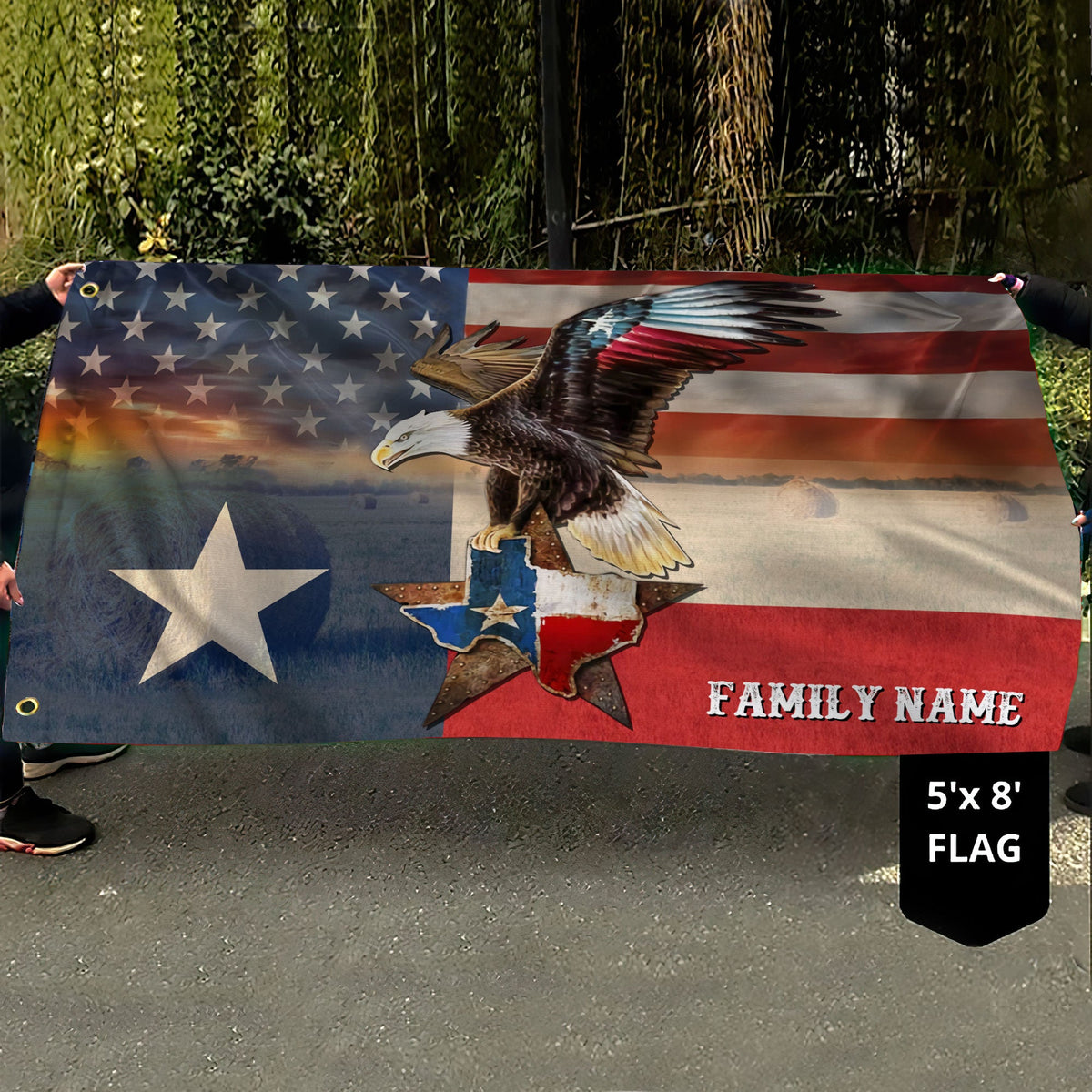 Texas patriot grommet flag showing size 5x8 and eagle with Texas star map and text