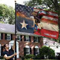 Texas patriot grommet flag with eagle, Texas star map, and family name lettering on pole