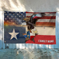 Texas patriot grommet flag with eagle, Texas star, and family name text on hanging line