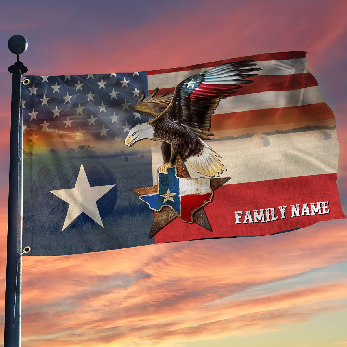 Texas patriot grommet flag on a pole with eagle emblem and family name lettering