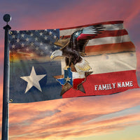Texas patriot grommet flag on a pole with eagle emblem and family name lettering