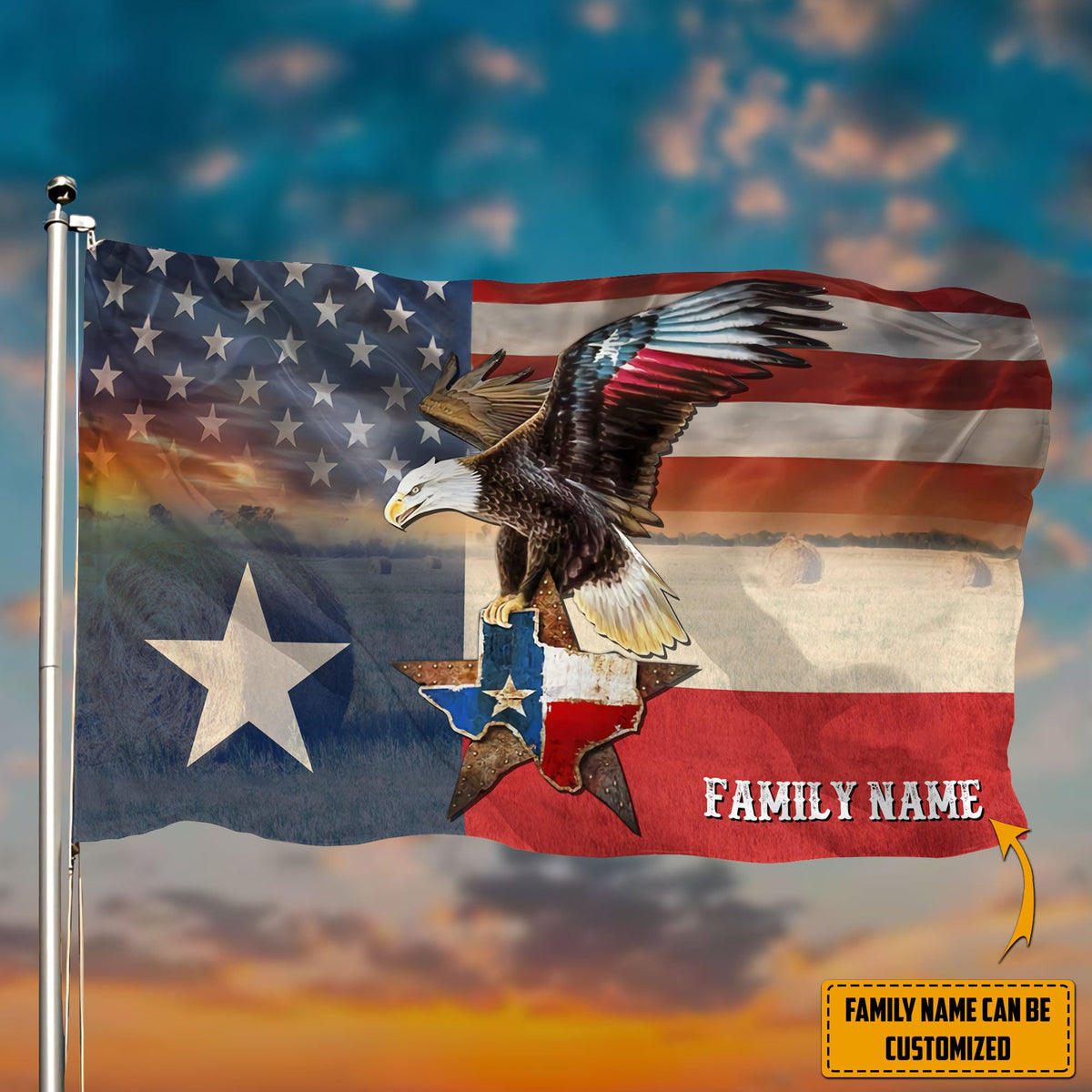 Texas patriot grommet flag with American eagle, Texas star map, and family name text