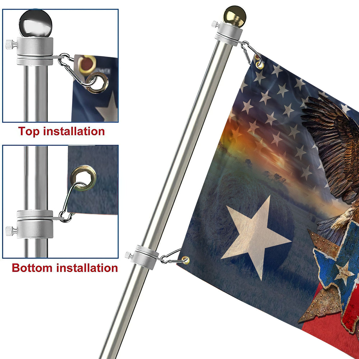 Grommet flag installation diagram showing top and bottom hardware clips on pole