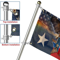 Grommet flag installation diagram showing top and bottom hardware clips on pole
