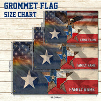 Grommet flag size chart featuring eagle design and Texas stars with dimensions shown