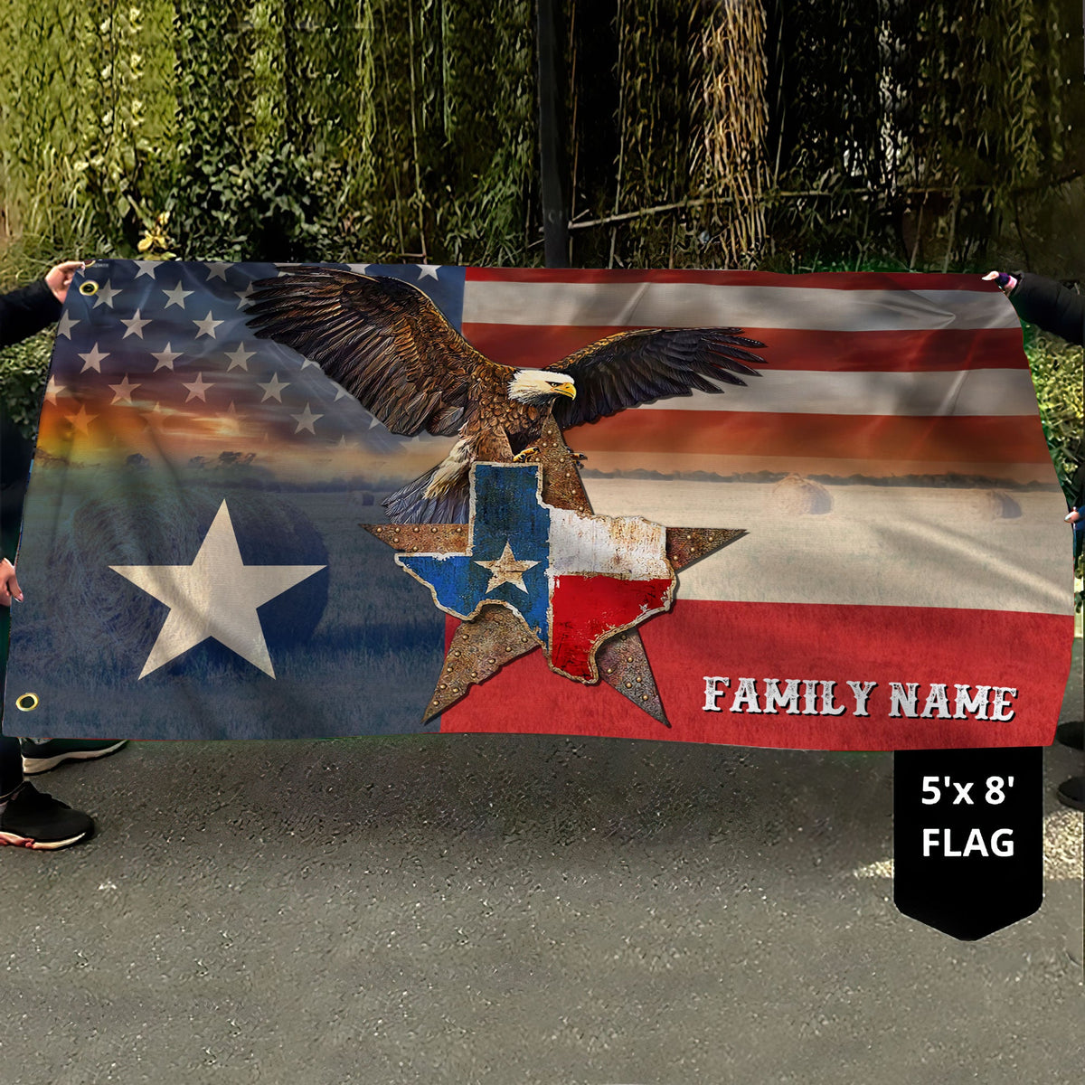 Personalized grommet hanging flag with eagle, Texas stars, and 5x8 size label