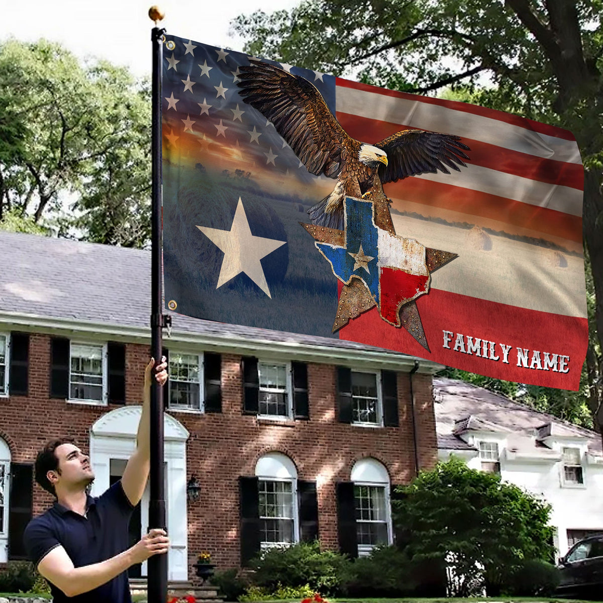 Personalized grommet hanging flag with eagle and Texas star patches and text banner