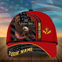 Red baseball cap with eagle graphic, “Under God” panel, and “YOUR NAME” brim text