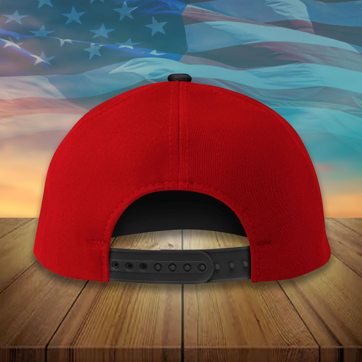 Red baseball cap back view with adjustable strap and ventilation eyelets