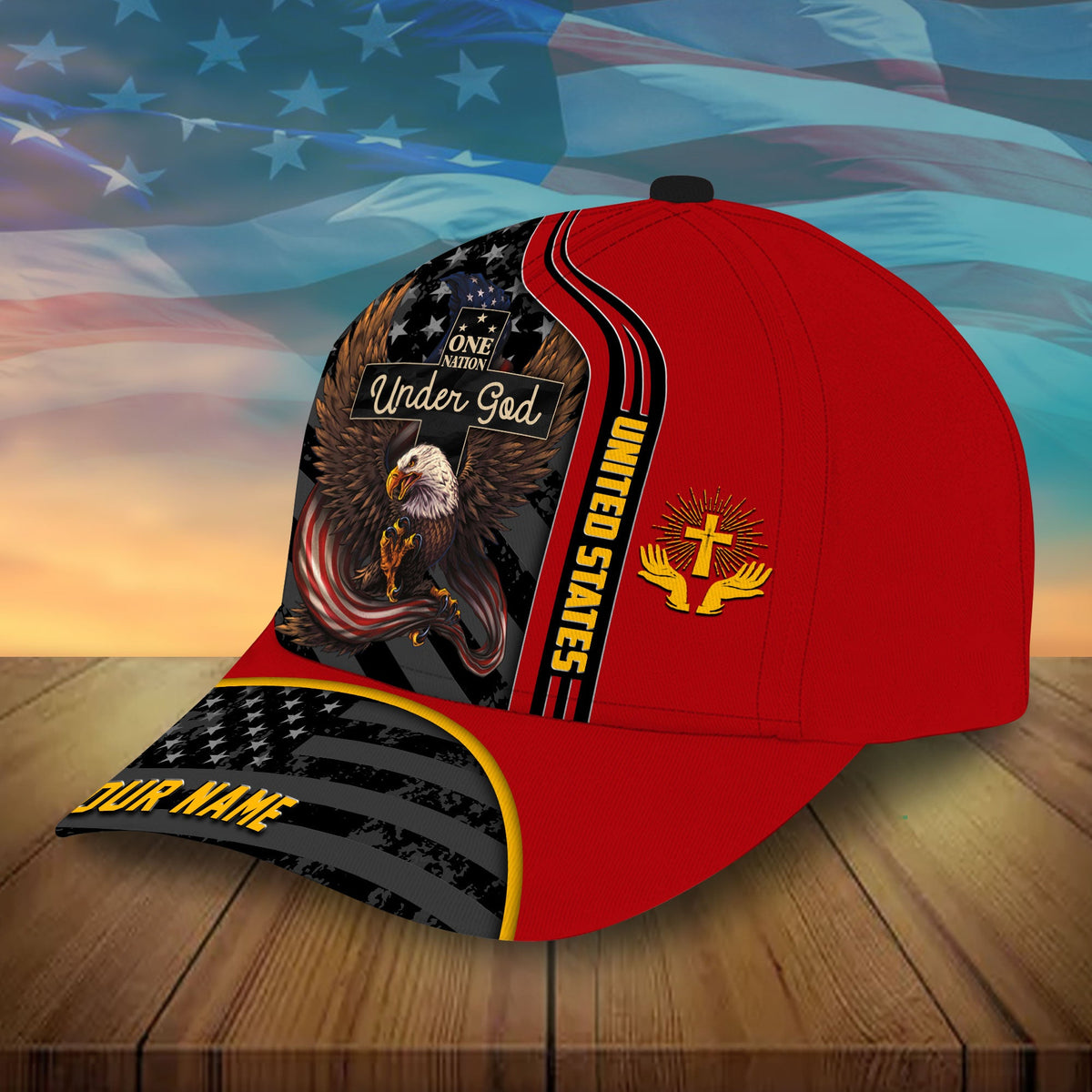 Red baseball cap with eagle “Under God” artwork and “YOUR NAME” on brim