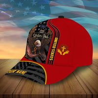 Red baseball cap with eagle “Under God” artwork and “YOUR NAME” on brim