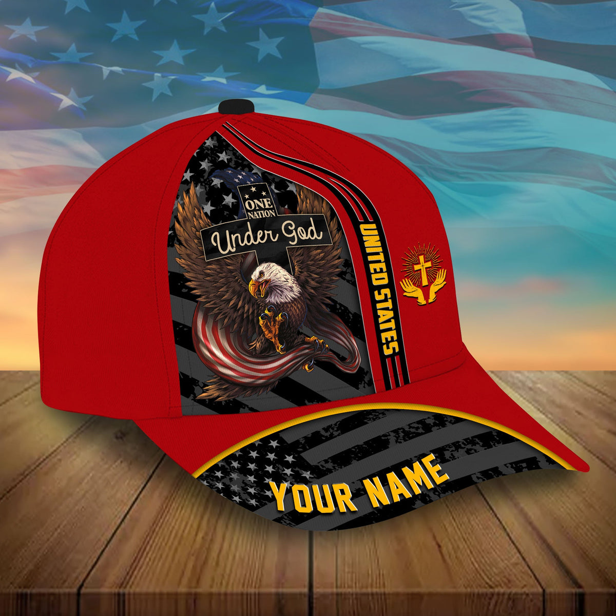 Red baseball cap with eagle “Under God” front and “YOUR NAME” striped brim