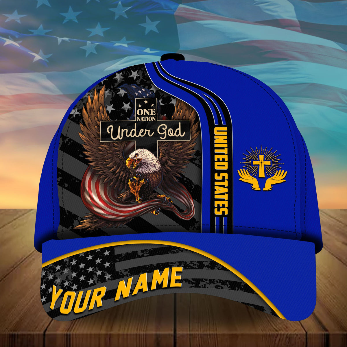 Blue baseball cap with eagle “Under God” panel and “YOUR NAME” brim