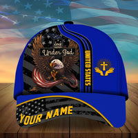 Blue baseball cap with eagle “Under God” panel and “YOUR NAME” brim