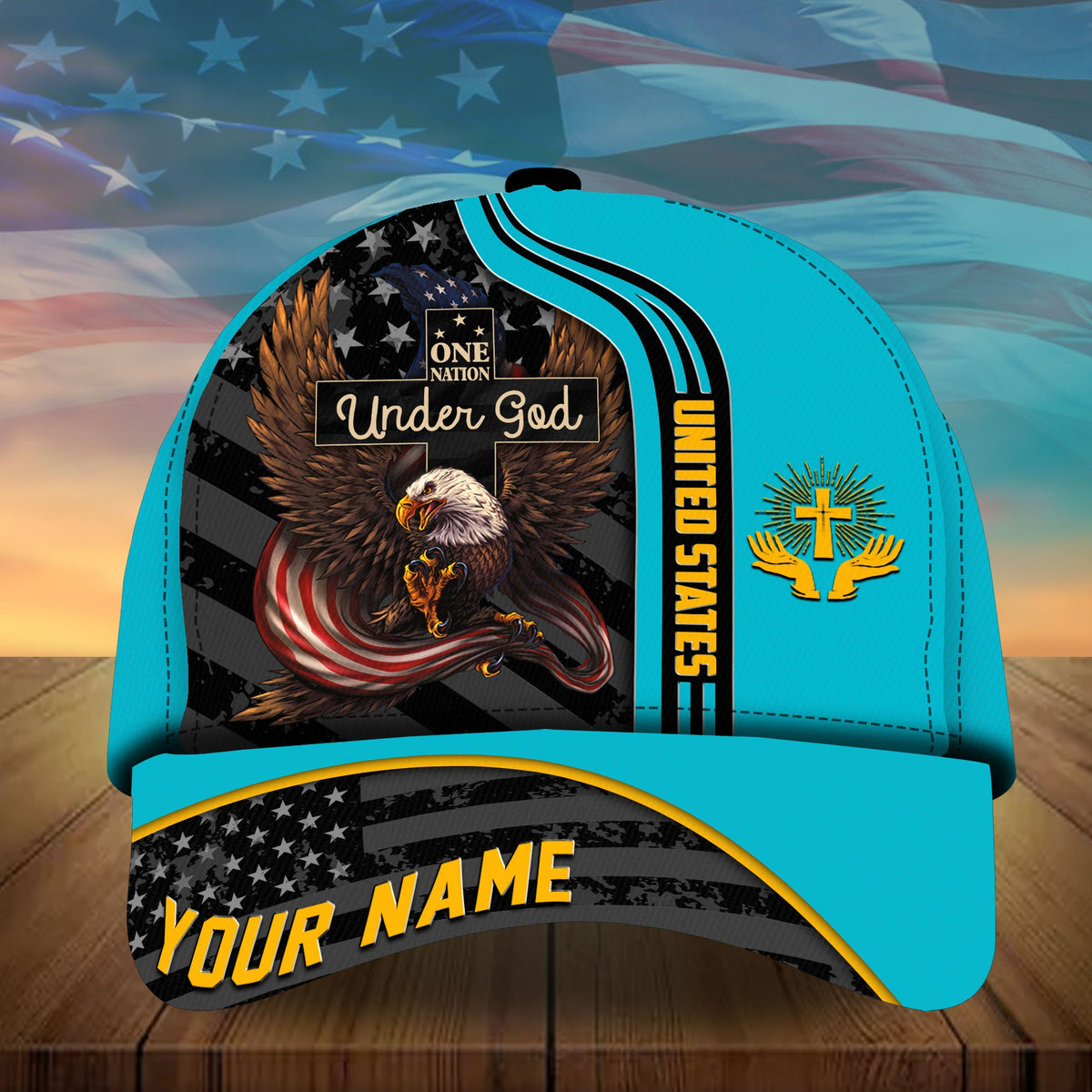 Turquoise and black baseball cap with eagle graphic, 'Under God' and 'YOUR NAME'