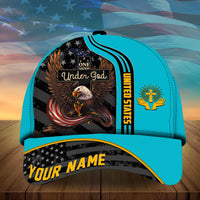 Turquoise and black baseball cap with eagle graphic, 'Under God' and 'YOUR NAME'