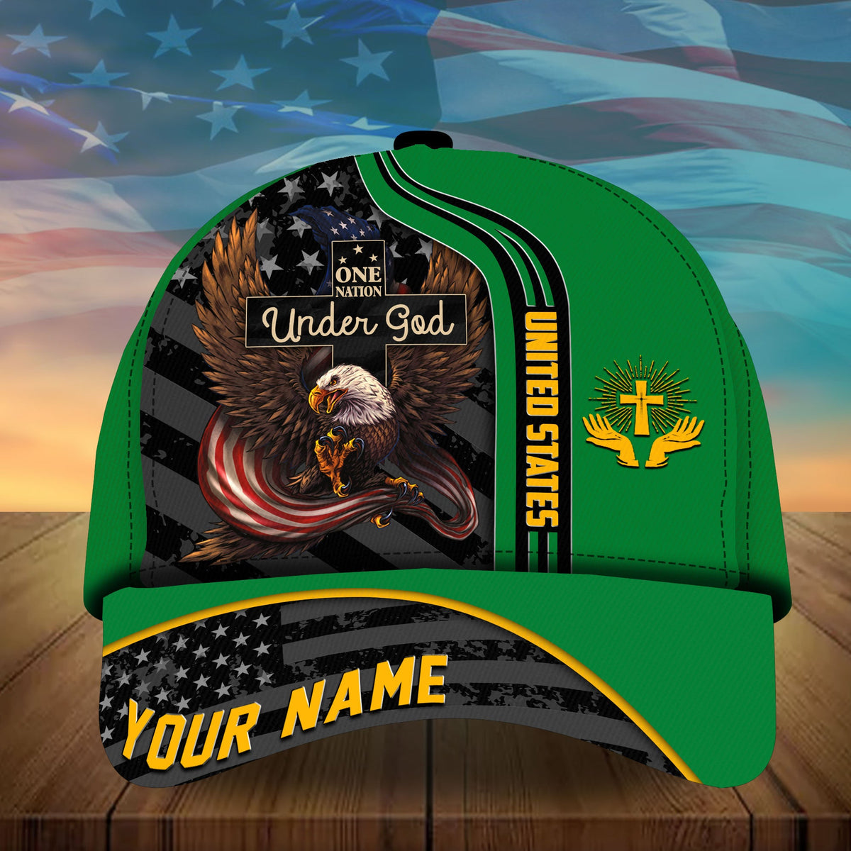 Green baseball cap with eagle “Under God” artwork and “YOUR NAME” brim