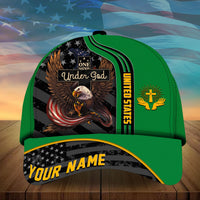 Green baseball cap with eagle “Under God” artwork and “YOUR NAME” brim