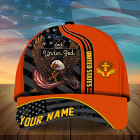 Orange baseball cap with eagle “Under God” panel and “YOUR NAME” striped brim
