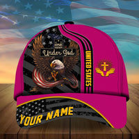 Magenta and black baseball cap with eagle graphic, 'Under God' and 'YOUR NAME'