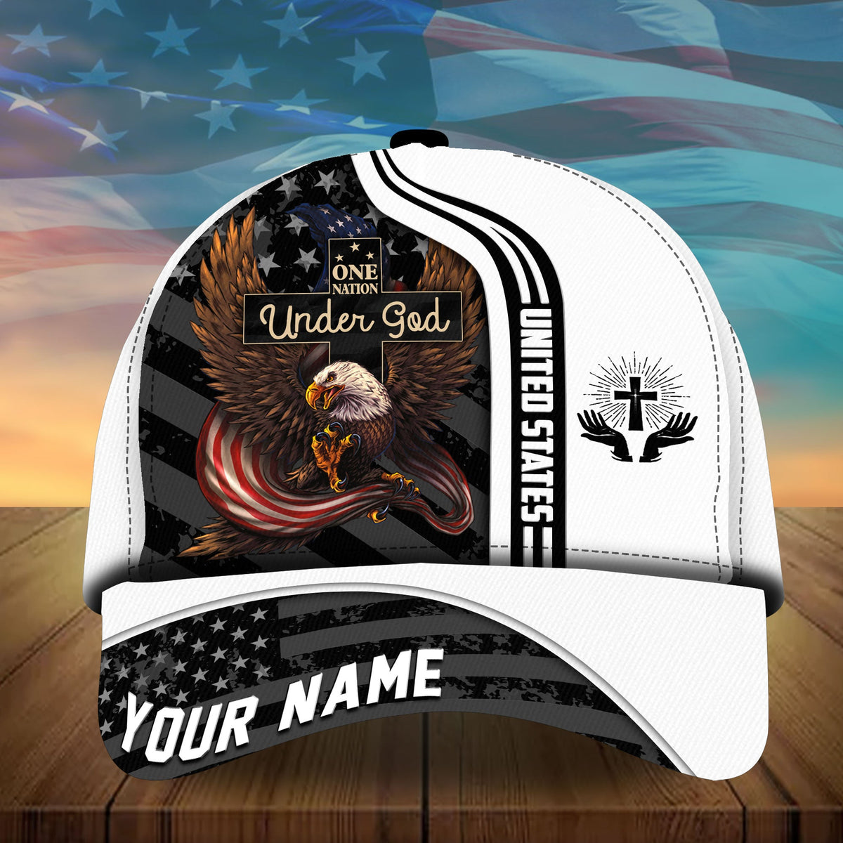 White baseball cap with eagle “Under God” artwork and “YOUR NAME” brim text