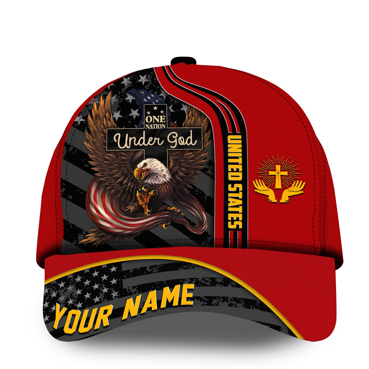 Red baseball cap with eagle “Under God” artwork and “YOUR NAME” on the brim