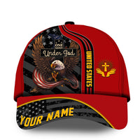 Red baseball cap with eagle “Under God” artwork and “YOUR NAME” on the brim