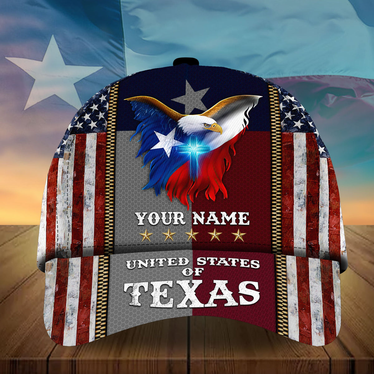 Navy baseball cap with eagle graphic, stars, and custom name text
