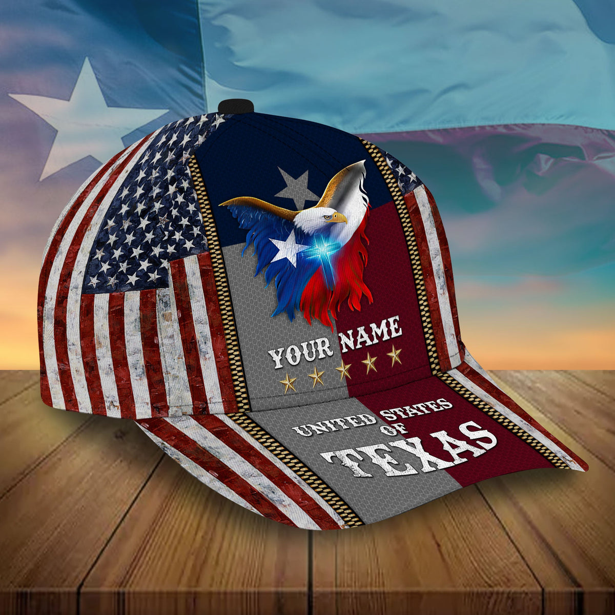 Navy baseball cap with eagle graphic, star accents, and Texas lettering