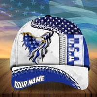 White baseball cap with blue eagle graphic, star panel, and YOUR NAME on brim