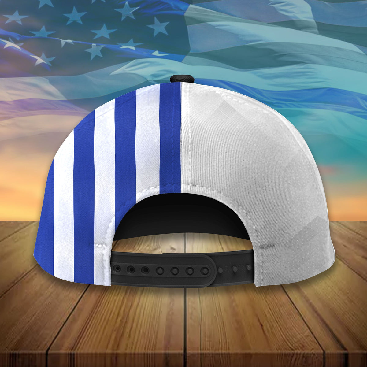 White snapback cap with blue-and-white vertical stripes on back panels
